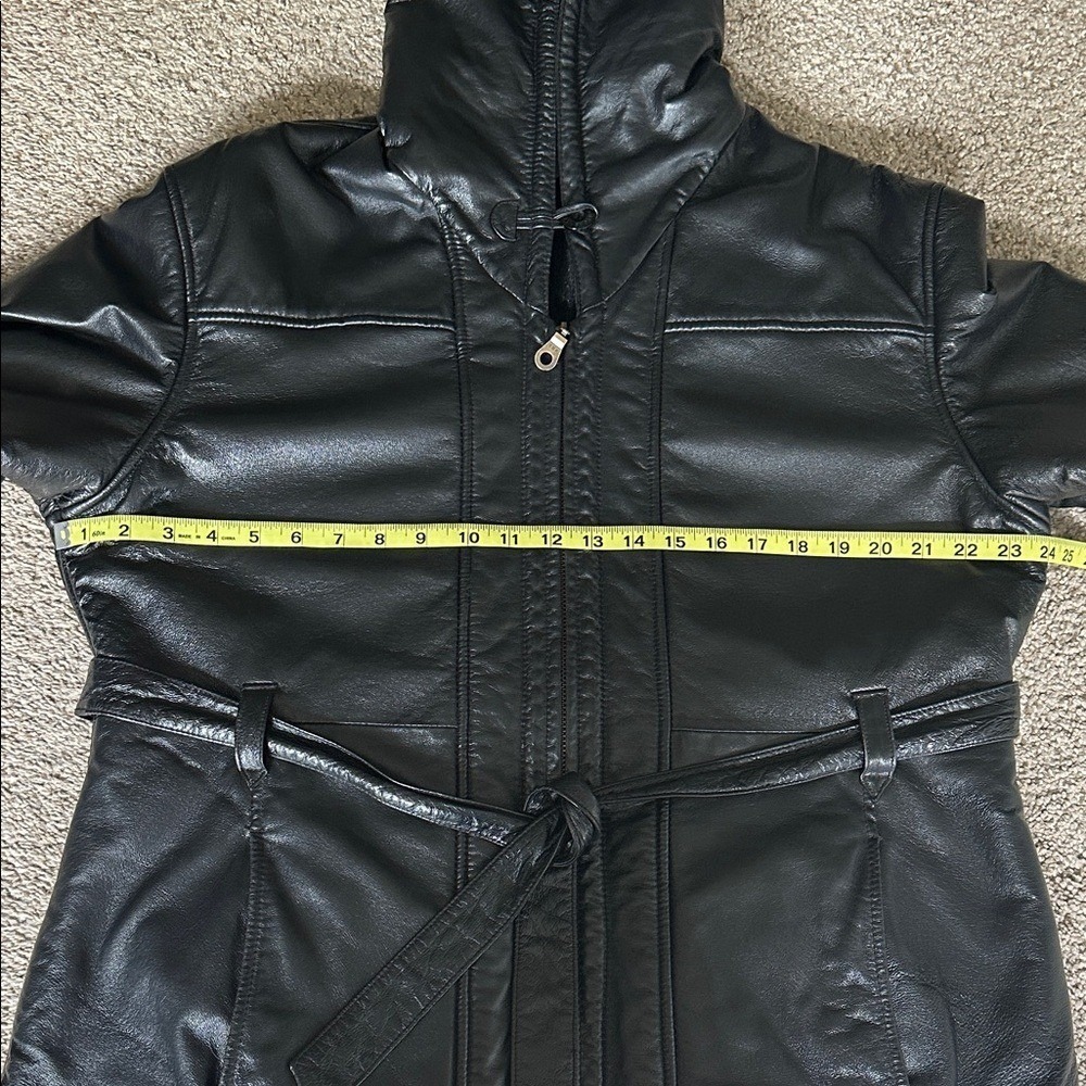 Wilsons Leather Hooded Jacket Womens Large Black Faux Fur Lined Belted Coat - Picture 5 of 13